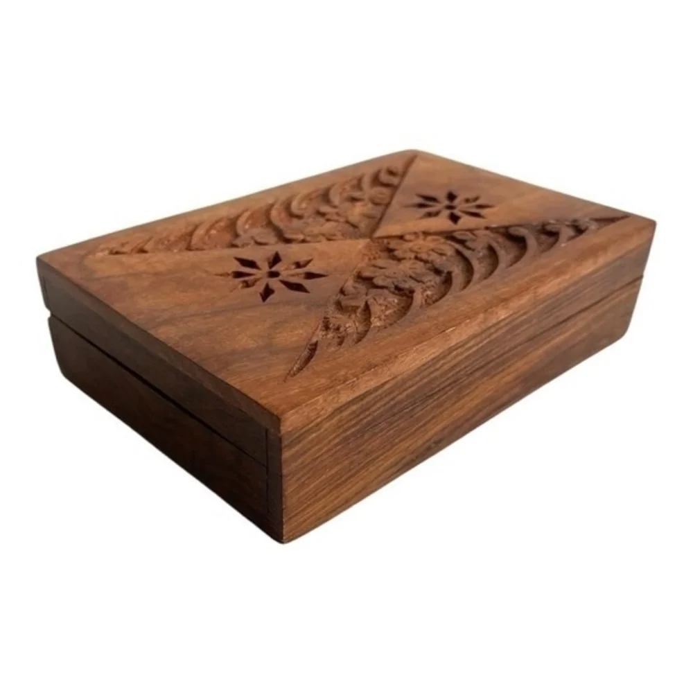 Vintage Brown Wooden Jewelry Box Hand Carved 4x1.5x6